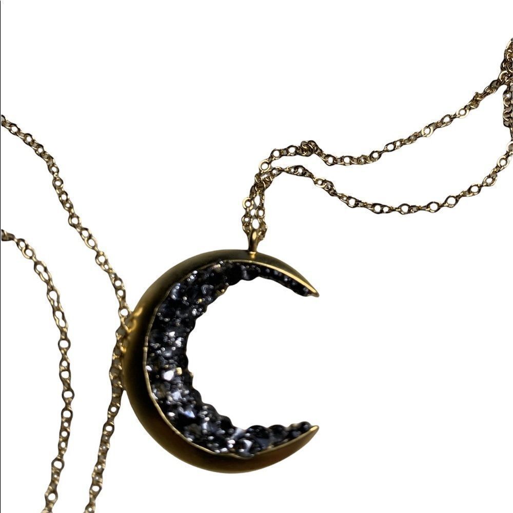 Goldtone Crescent Moon Pendant Necklace Black Crystal Accent 30” Chain - Picture 3 of 6